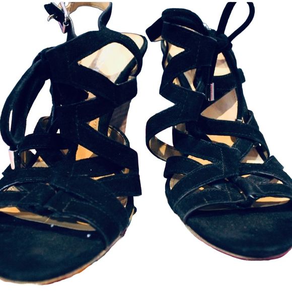 COACH black suede strappy wedges size 6 fun party shoes for comfort with class - Picture 8 of 12